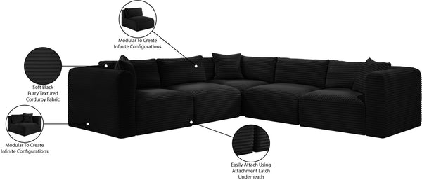 Meridian Furniture Shaggy Five Piece Modular Sectional in Plush Black Corduroy Performance Fabric Seating 641Black-Sec5C