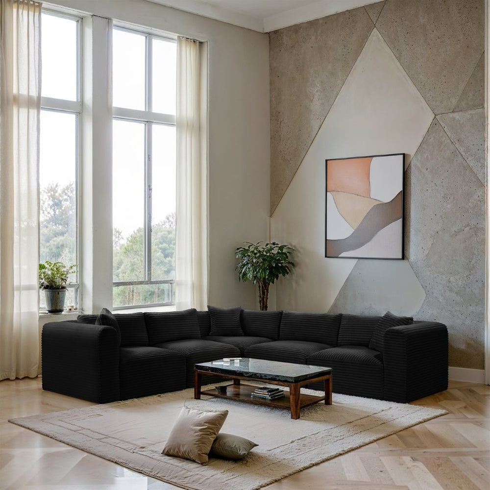 Meridian Furniture Shaggy Five Piece Modular Sectional in Plush Black Corduroy Performance Fabric Seating 641Black-Sec5C