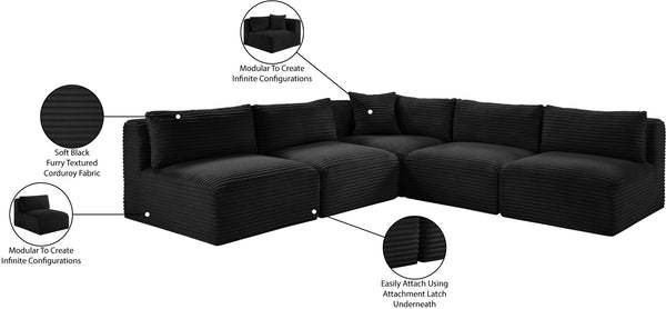 Meridian Furniture Shaggy Five Piece Modular Sectional in Bold Corduroy Performance Fabric for Living Rooms 641Black-Sec5D