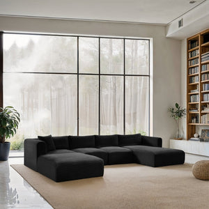 Meridian Furniture Shaggy Five Piece Modular Sectional Black Corduroy Performance Fabric Living Room Sofa 641Black-Sec5E