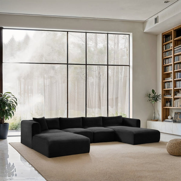 Meridian Furniture Shaggy Five Piece Modular Sectional Black Corduroy Performance Fabric Living Room Sofa 641Black-Sec5E