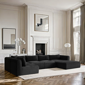 Meridian Furniture Shaggy Five Piece Modular Sectional Wide Wale Corduroy Performance Fabric Loft Lounge 641Black-Sec5F