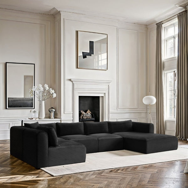 Meridian Furniture Shaggy Five Piece Modular Sectional Wide Wale Corduroy Performance Fabric Loft Lounge 641Black-Sec5F