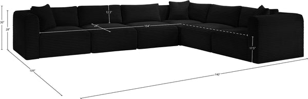 Meridian Furniture Shaggy Six Piece Modular Sectional Bold Corduroy Performance Fabric Stain Resistant Sofa 641Black-Sec6A