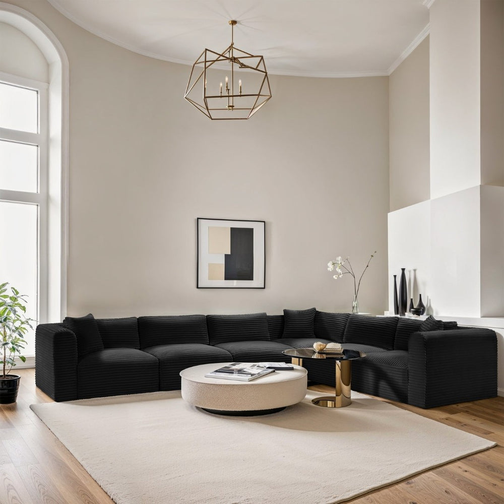 Meridian Furniture Shaggy Six Piece Modular Sectional Bold Corduroy Performance Fabric Stain Resistant Sofa 641Black-Sec6A