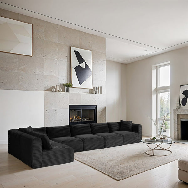 Meridian Furniture Shaggy Six Piece Modular Sectional Black Corduroy Plush Performance Fabric Lounge Sofa 641Black-Sec6C