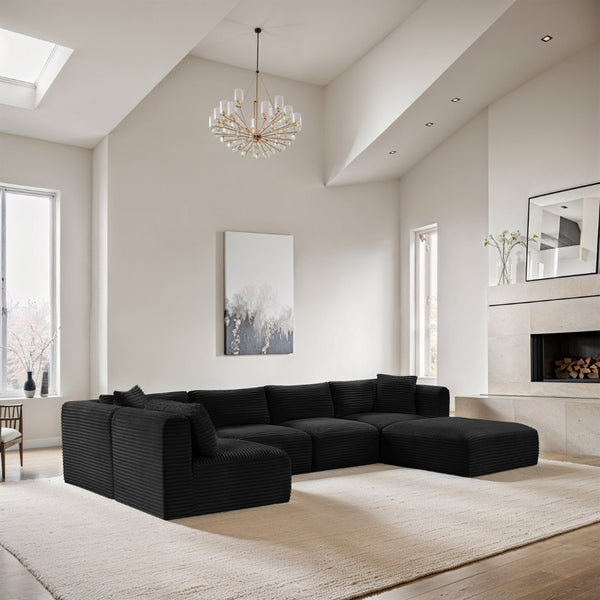 Meridian Furniture Shaggy Six Piece Modular Sectional in Corduroy Performance Fabric for Living Rooms 641Black-Sec6D