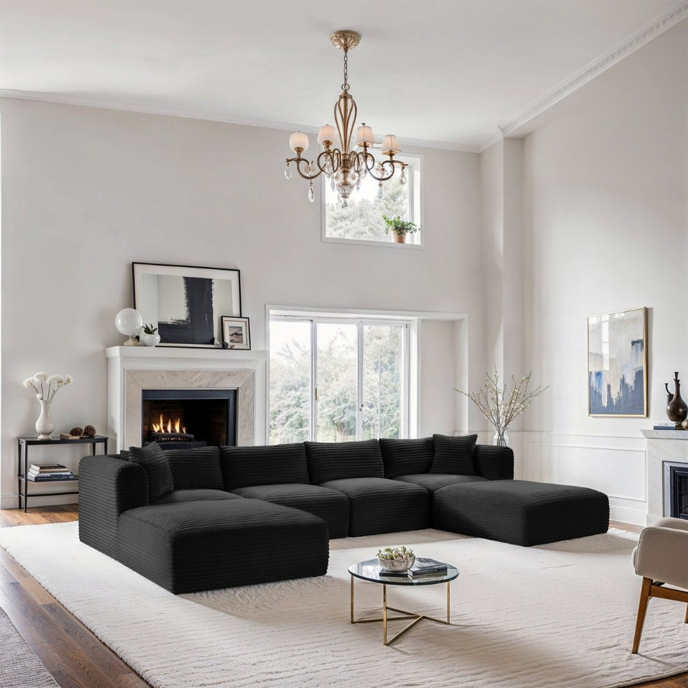 Meridian Furniture Shaggy Six Piece Modular Sectional Corduroy Performance Fabric Latch System Living Room 641Black-Sec6E
