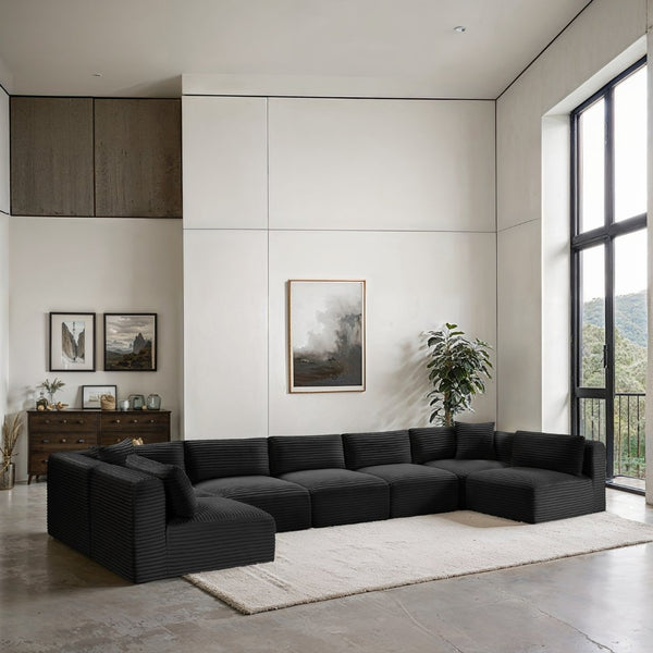 Meridian Furniture Shaggy 7 Piece Modular Sectional in Stain Resistant Corduroy for Spacious Living Rooms 641Black-Sec7A