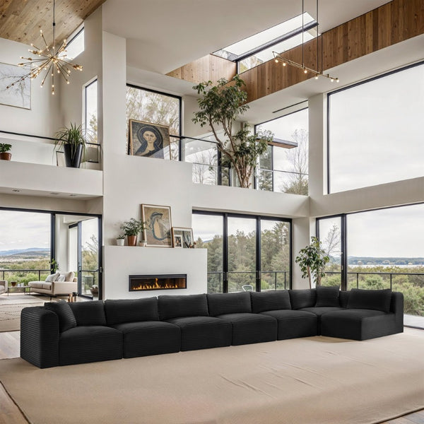 Meridian Furniture Shaggy Seven Piece Modular Sectional in Stain Resistant Black Corduroy Performance Fabric 641Black-Sec7B