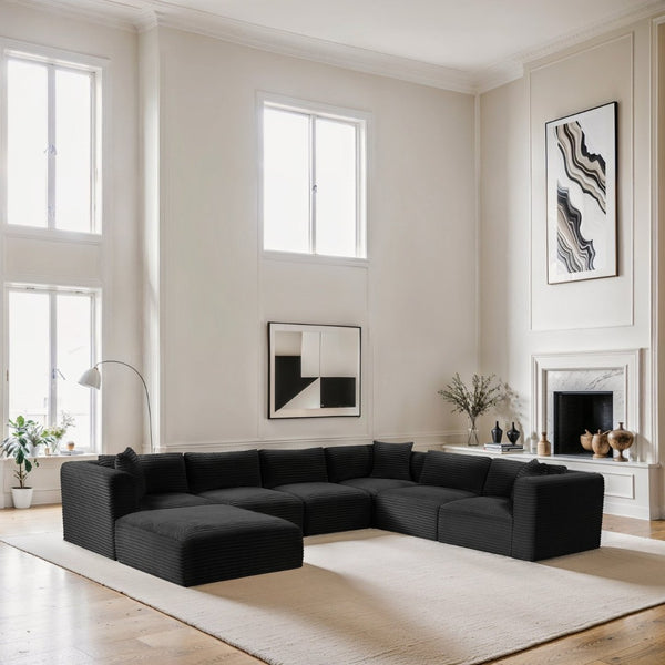 Meridian Furniture Shaggy Seven Piece Modular Sectional Corduroy Plush Performance Fabric Living Room Sofa 641Black-Sec7D