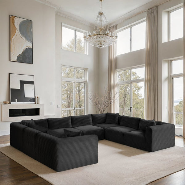 Meridian Furniture Shaggy 8 Piece Modular Sectional Corduroy Upholstered Sofa for Large Living Rooms 641Black-Sec8A
