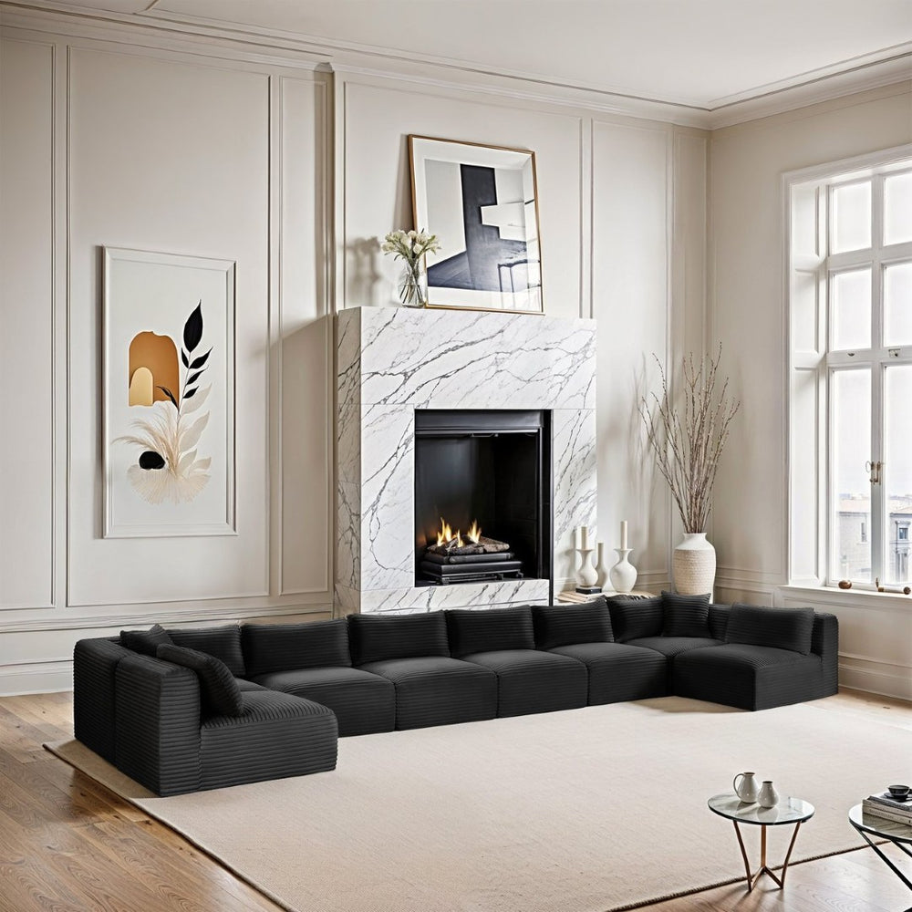 Meridian Furniture Shaggy 8 Piece Modular Sectional Corduroy Upholstered Sofa for Spacious Living Rooms 641Black-Sec8B