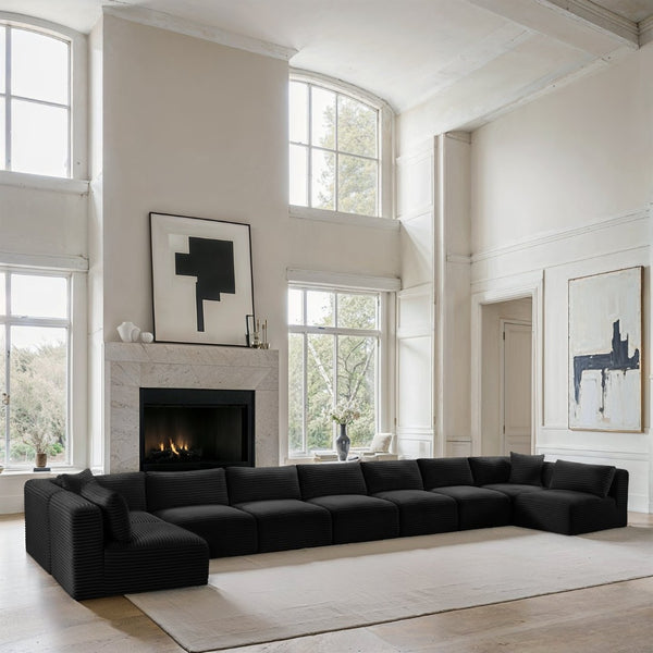 Meridian Furniture Shaggy Nine Piece Modular Sectional Bold Corduroy Performance Fabric Living Room Sofa 641Black-Sec9A