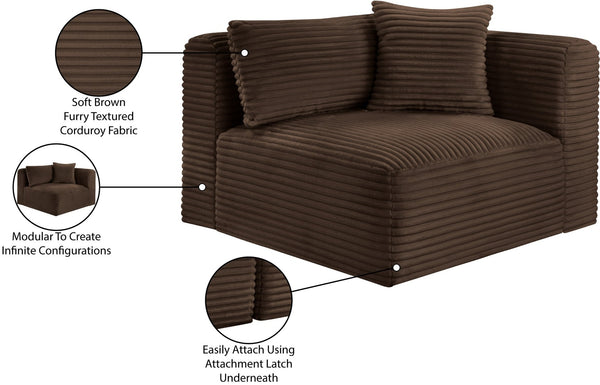 Meridian Furniture Shaggy Corduroy Modular Corner Chair with Plush Foam and Stain Resistant Performance Fabric Brown 641Brown-Corner