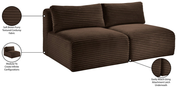 Meridian Furniture Shaggy Two Piece Armless Modular Loveseat in Stain Resistant Plush Corduroy Performance Fabric Brown 641Brown-S62