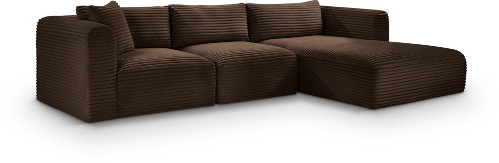 Meridian Furniture Shaggy Three Piece Modular Sectional in Stain Resistant Brown Corduroy Performance Fabric 641Brown-Sec3A