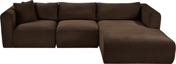 Meridian Furniture Shaggy Three Piece Modular Sectional in Stain Resistant Brown Corduroy Performance Fabric 641Brown-Sec3A