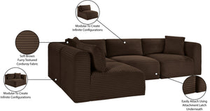 Meridian Furniture Shaggy Four Piece Modular Sectional in Stain Resistant Brown Corduroy for Living Rooms 641Brown-Sec4B