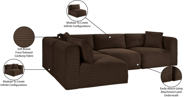 Meridian Furniture Shaggy Four Piece Modular Sectional in Stain Resistant Brown Corduroy for Living Rooms 641Brown-Sec4B