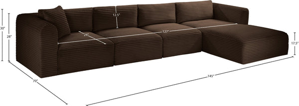 Meridian Furniture Shaggy Four Piece Modular Sectional in Stain Resistant Brown Corduroy Fabric 641Brown-Sec4C