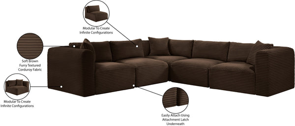 Meridian Furniture Shaggy Corduroy Five Piece Modular Sectional with Plush Foam and Performance Fabric 641Brown-Sec5C