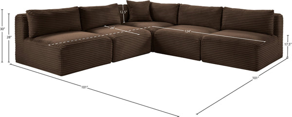 Meridian Furniture Shaggy Five Piece Modular Sectional Wide Wale Corduroy Plush Living Room Sofa 641Brown-Sec5D