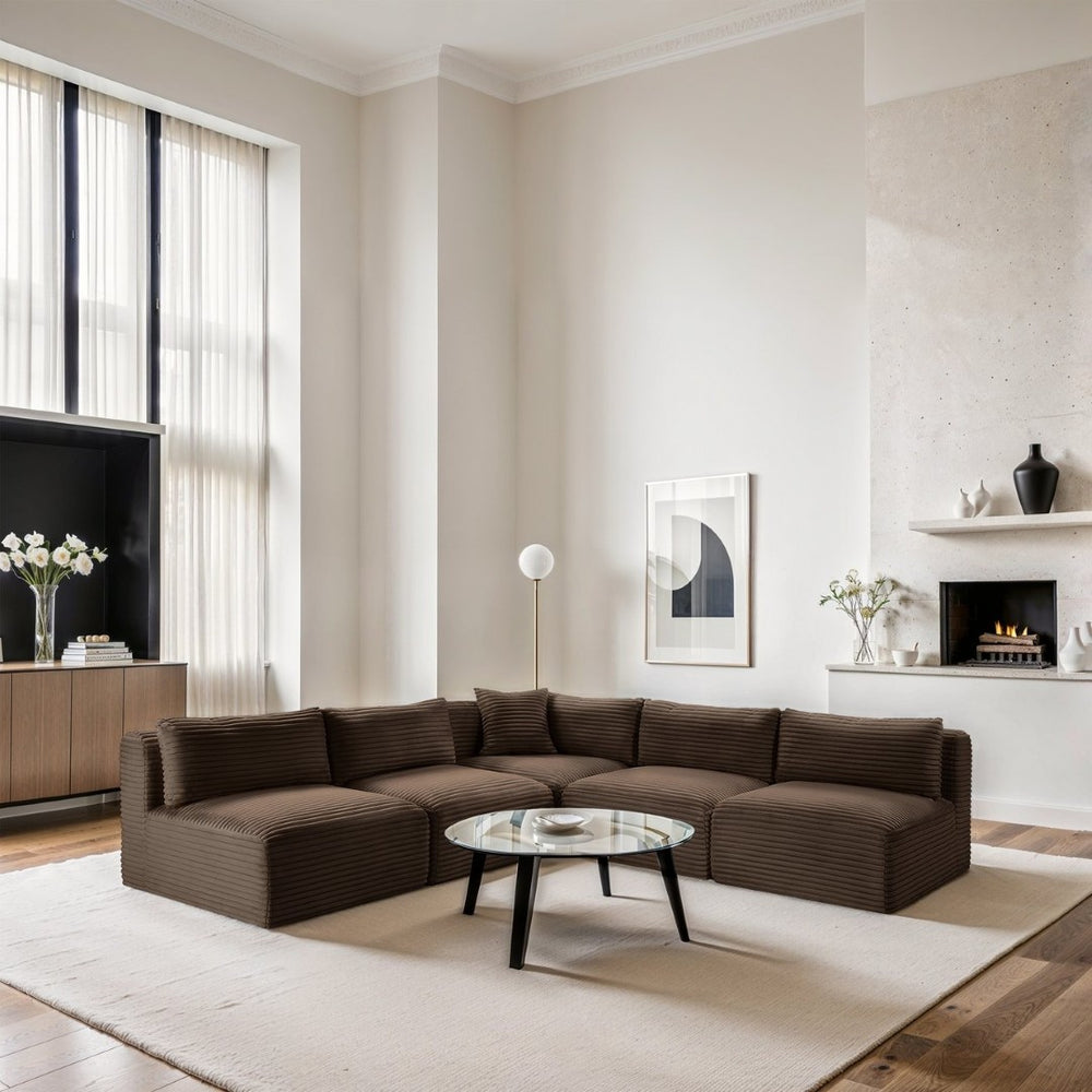 Meridian Furniture Shaggy Five Piece Modular Sectional Wide Wale Corduroy Plush Living Room Sofa 641Brown-Sec5D