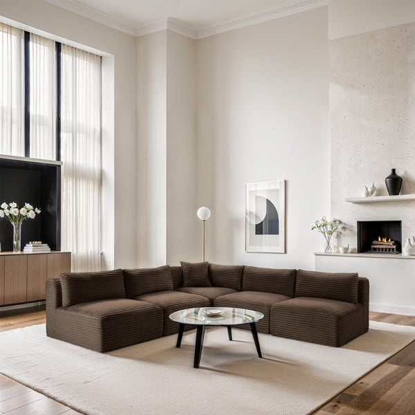 Meridian Furniture Shaggy Five Piece Modular Sectional Wide Wale Corduroy Plush Living Room Sofa 641Brown-Sec5D