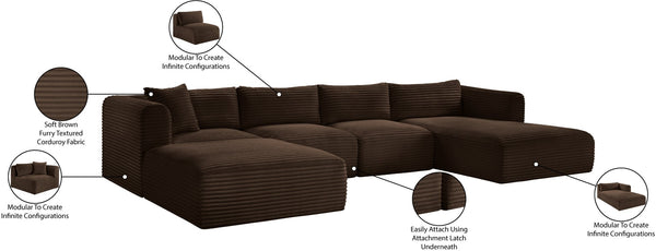 Meridian Furniture Shaggy Five Piece Modular Sectional Brown Corduroy Plush Performance Fabric Living Room 641Brown-Sec5E