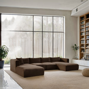 Meridian Furniture Shaggy Five Piece Modular Sectional Brown Corduroy Plush Performance Fabric Living Room 641Brown-Sec5E