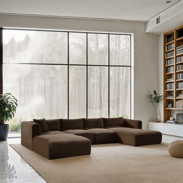 Meridian Furniture Shaggy Five Piece Modular Sectional Brown Corduroy Plush Performance Fabric Living Room 641Brown-Sec5E