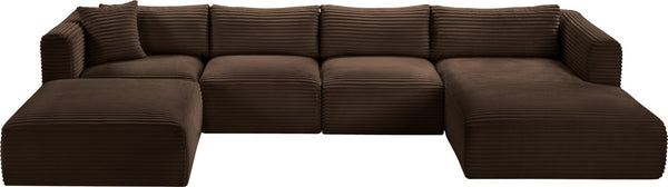 Meridian Furniture Shaggy Five Piece Modular Sectional Brown Corduroy Plush Performance Fabric Living Room 641Brown-Sec5E