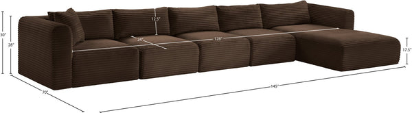 Meridian Furniture Shaggy Five Piece Modular Sectional Corduroy Performance Fabric Cozy Living Room Sofa 641Brown-Sec5G