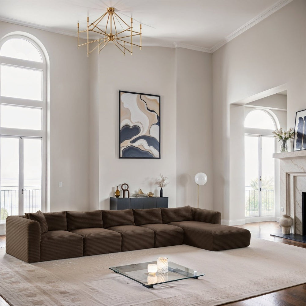 Meridian Furniture Shaggy Five Piece Modular Sectional Corduroy Performance Fabric Cozy Living Room Sofa 641Brown-Sec5G