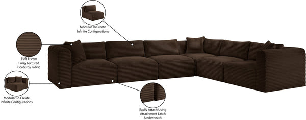 Meridian Furniture Shaggy Corduroy Modular Sectional Wide Wale Fabric Plush Six Piece Living Room Sofa 641Brown-Sec6A
