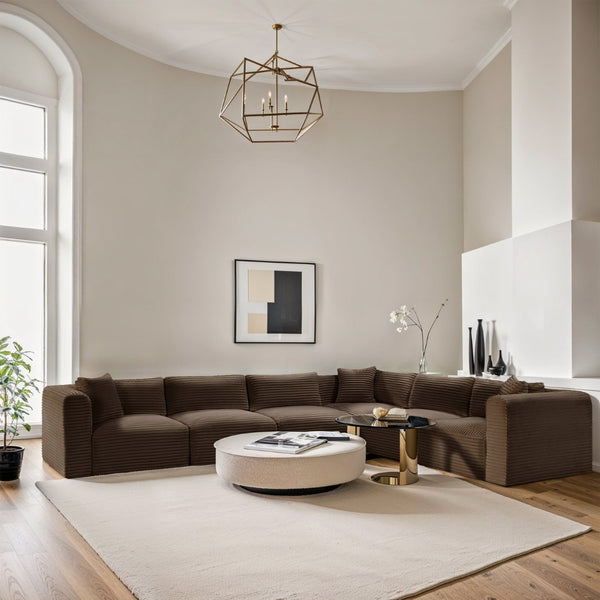 Meridian Furniture Shaggy Corduroy Modular Sectional Wide Wale Fabric Plush Six Piece Living Room Sofa 641Brown-Sec6A