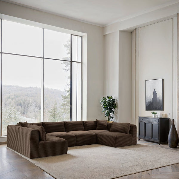 Meridian Furniture Shaggy Six Piece Modular Sectional Corduroy Upholstered Plush Living Room Sofa Set 641Brown-Sec6B