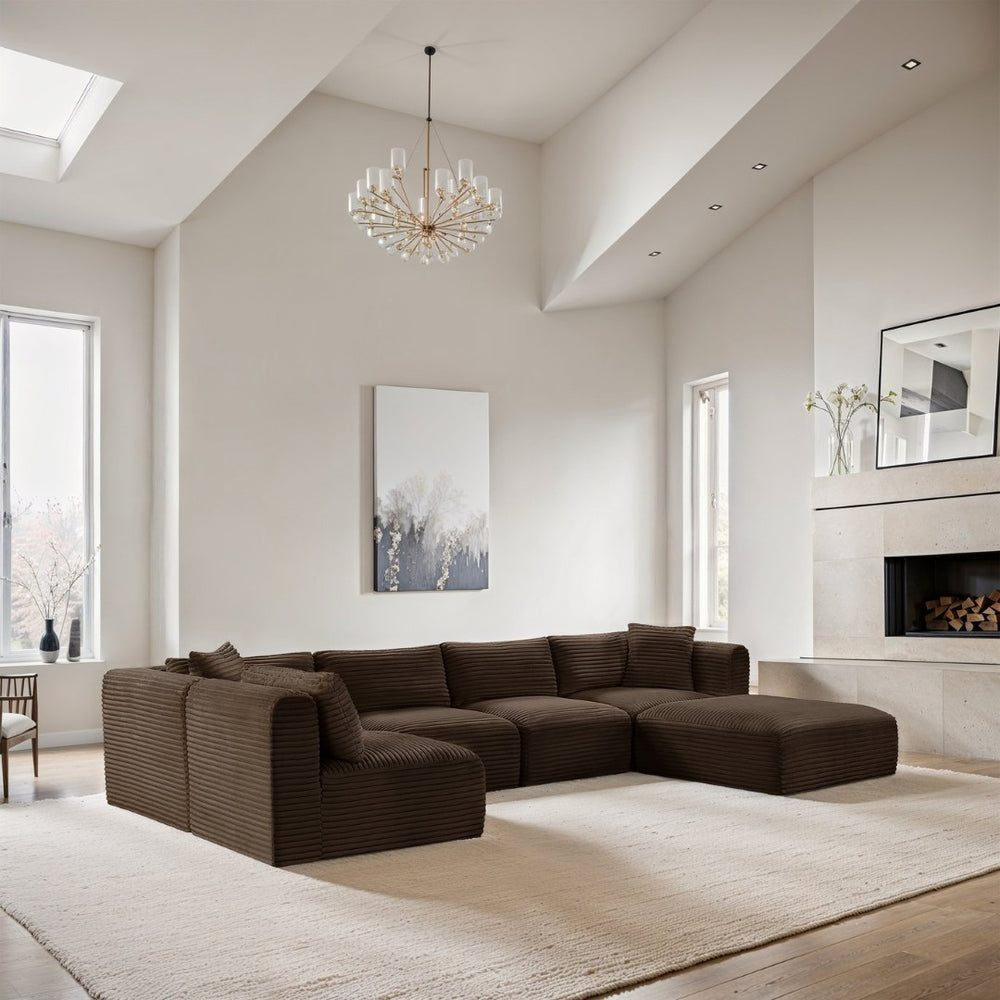 Meridian Furniture Shaggy Six Piece Modular Sectional Plush Corduroy Performance Fabric Cozy Living Room Sofa 641Brown-Sec6D