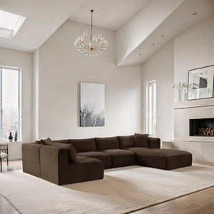 Meridian Furniture Shaggy Six Piece Modular Sectional Plush Corduroy Performance Fabric Cozy Living Room Sofa 641Brown-Sec6D