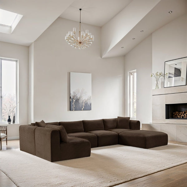 Meridian Furniture Shaggy Six Piece Modular Sectional Plush Corduroy Performance Fabric Cozy Living Room Sofa 641Brown-Sec6D
