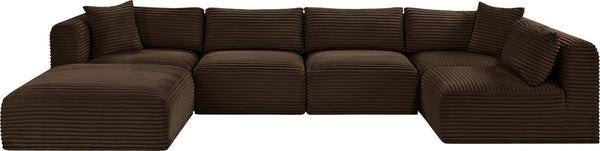 Meridian Furniture Shaggy Six Piece Modular Sectional Plush Corduroy Performance Fabric Cozy Living Room Sofa 641Brown-Sec6D