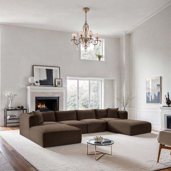 Meridian Furniture Shaggy Six Piece Modular Sectional Plush Corduroy Performance Fabric Cozy Living Room 641Brown-Sec6E