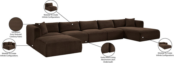 Meridian Furniture Shaggy Six Piece Modular Sectional in Stain Resistant Brown Corduroy for Living Rooms 641Brown-Sec6F