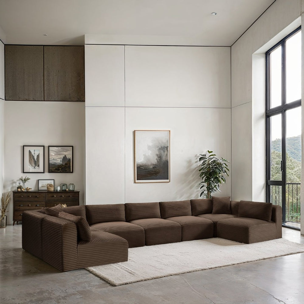 Meridian Furniture Shaggy Seven Piece Modular Sectional Corduroy Upholstered Performance Fabric Living Room Sofa 641Brown-Sec7A