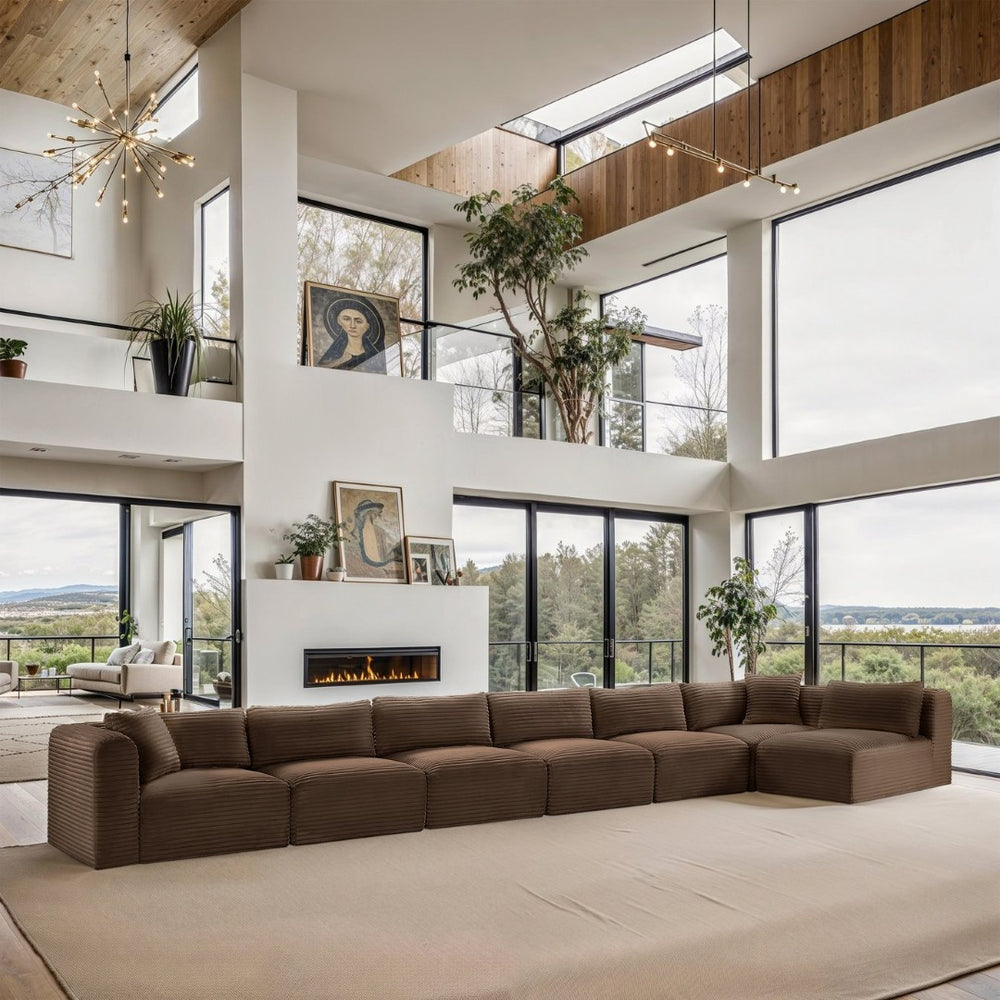 Meridian Furniture Shaggy Brown Corduroy Seven Piece Modular Sectional Plush Performance Fabric Living Room 641Brown-Sec7B
