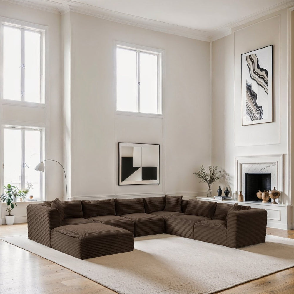 Meridian Furniture Shaggy 7 Piece Modular Sectional Plush Corduroy Upholstered Flexible Living Room Sofa 641Brown-Sec7D