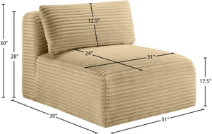 Meridian Furniture Shaggy Corduroy Armless Modular Chair with Plush Foam and Stain Resistant Performance Fabric Camel 641Camel-Armless