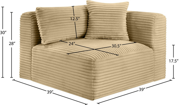 Meridian Furniture Shaggy Corduroy Modular Corner Chair with Plush Foam and Stain Resistant Performance Fabric Camel 641Camel-Corner