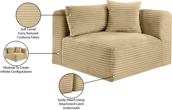 Meridian Furniture Shaggy Corduroy Modular Corner Chair with Plush Foam and Stain Resistant Performance Fabric Camel 641Camel-Corner